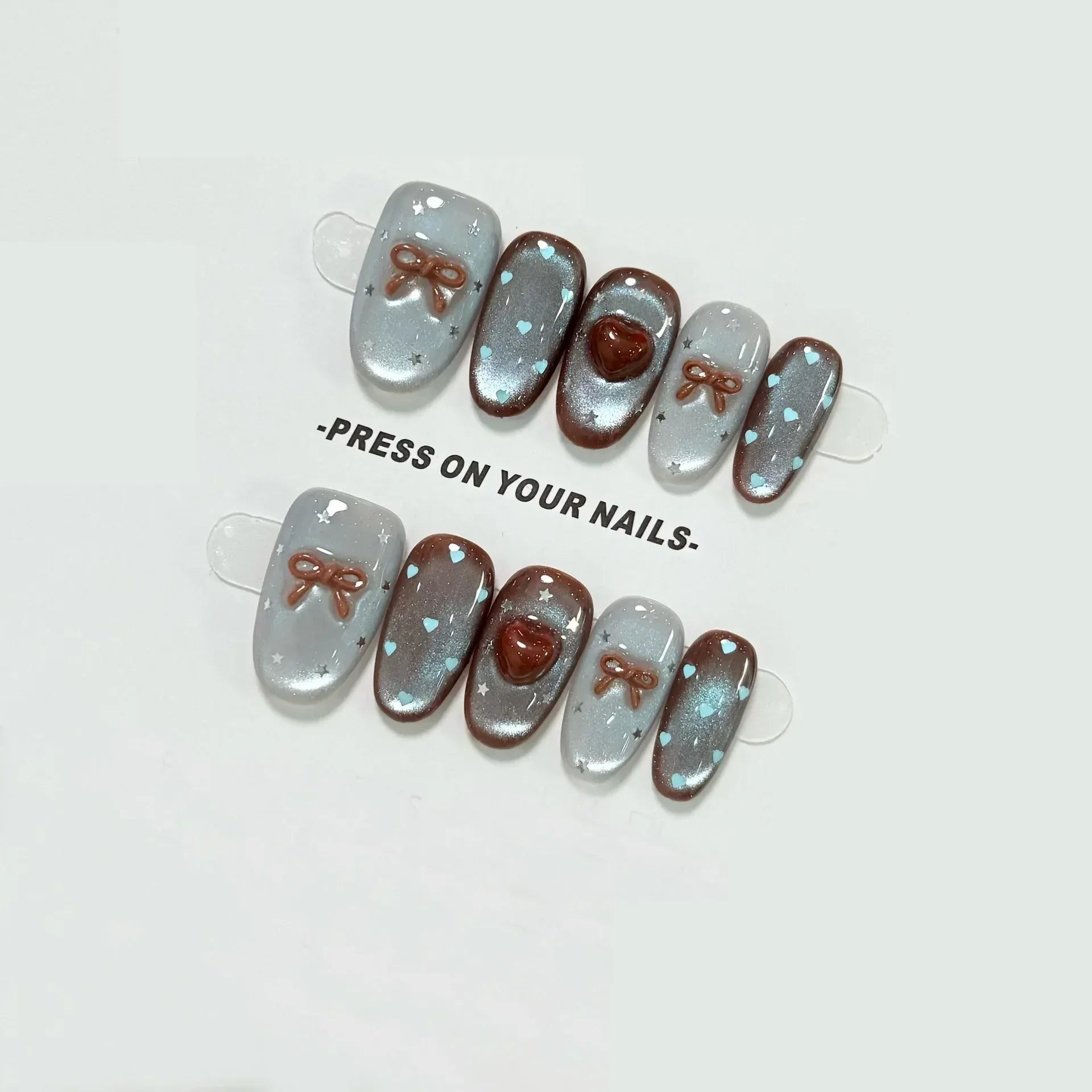 10pcs Medium Oval Handmade Nails Autumn/Winter Blue-Brown Cat Eye Press on Nail for Women&Girl Heart Bow Removable Wearable Nail
