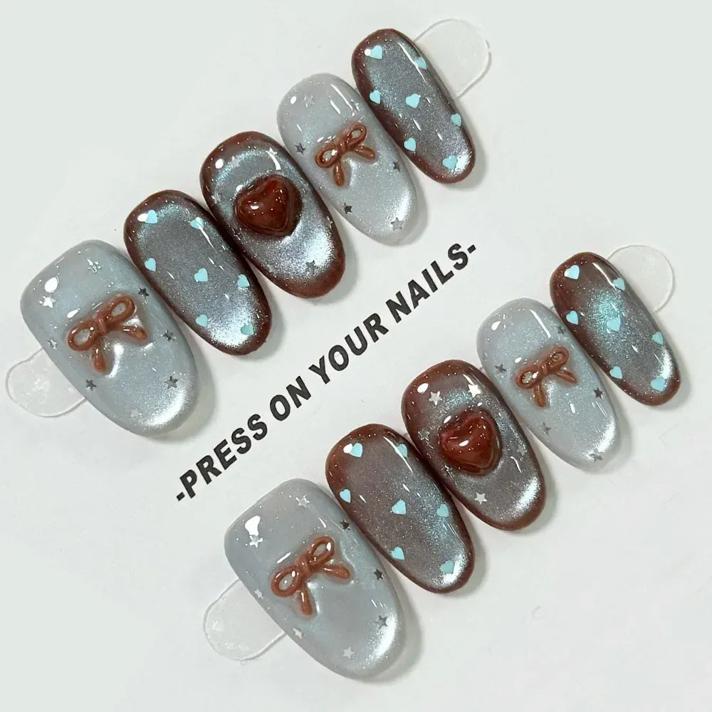 10pcs Medium Oval Handmade Nails Autumn/Winter Blue-Brown Cat Eye Press on Nail for Women&Girl Heart Bow Removable Wearable Nail