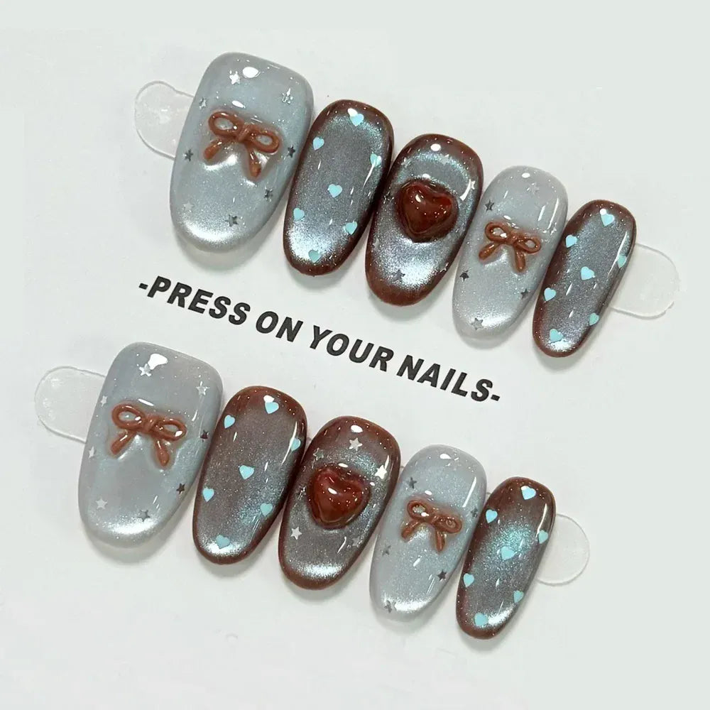 10pcs Medium Oval Handmade Nails Autumn/Winter Blue-Brown Cat Eye Press on Nail for Women&Girl Heart Bow Removable Wearable Nail