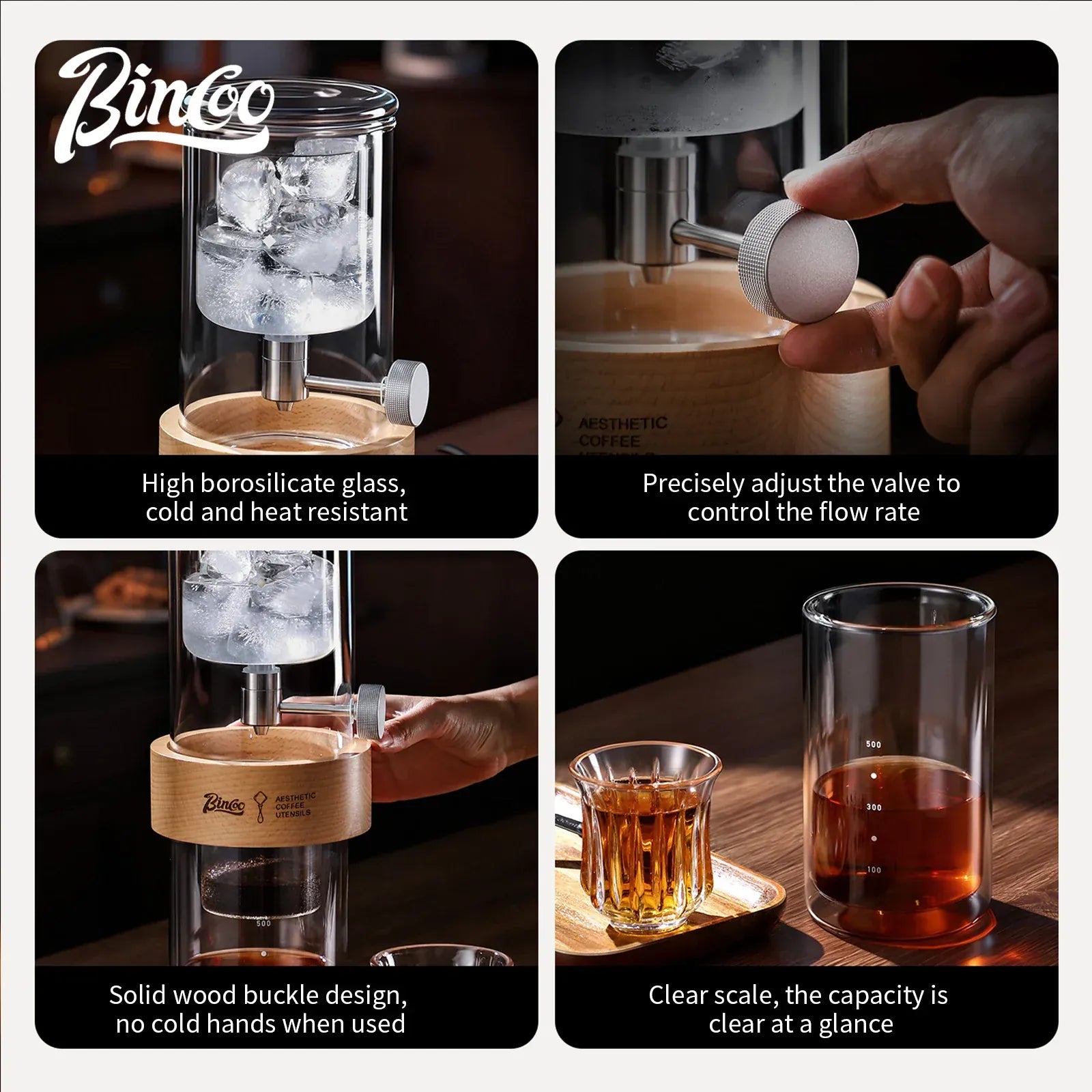 Bincoo Cold Drip Coffee Maker Double Layer Glass Design Large Capacity Use Drip Filtration System with Precision Flow Control