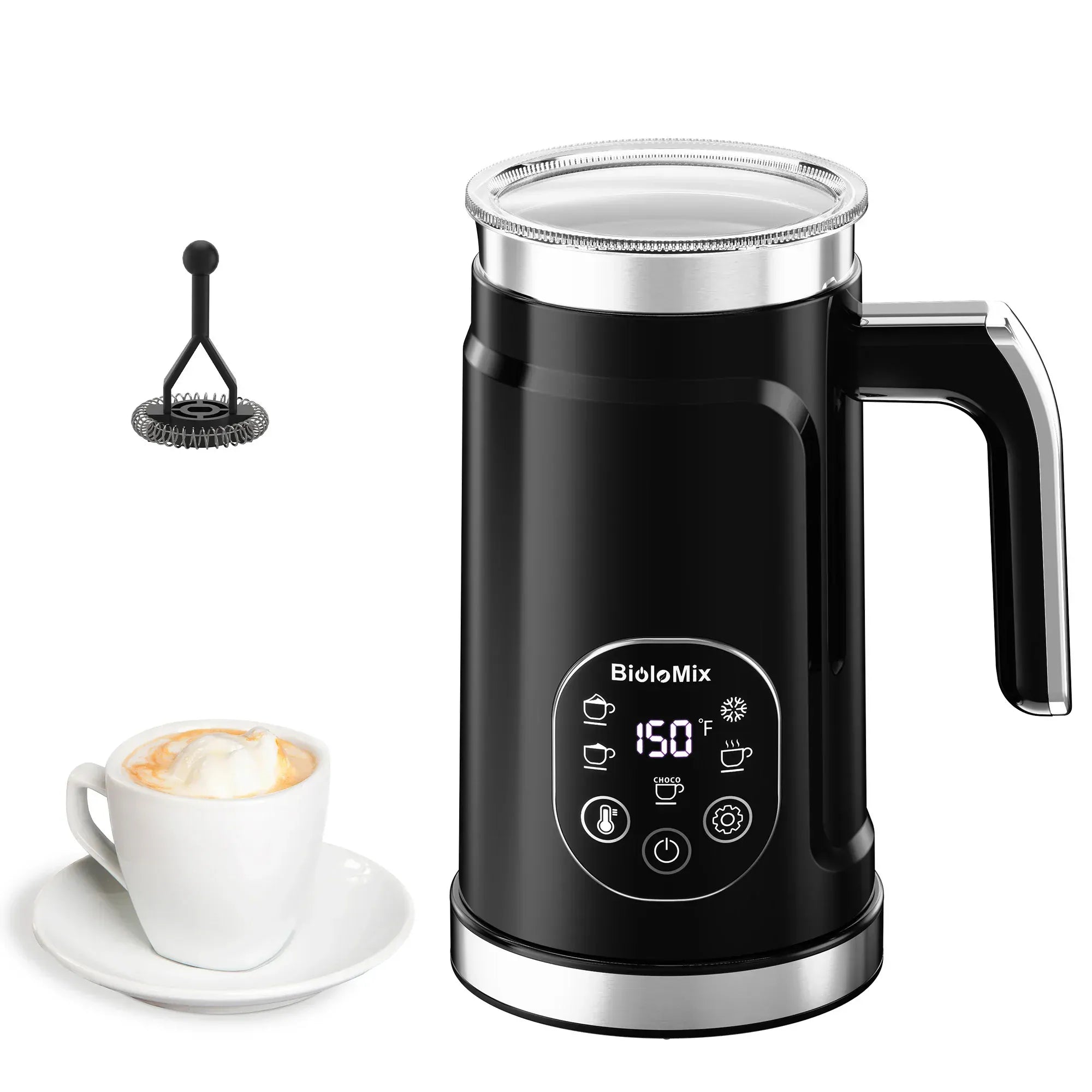 BioloMix 5-in-1 Milk Frother with Upgraded LED Display Touch Screen - Hot And Cold Foam Maker Milk Warmer for Coffee Latte