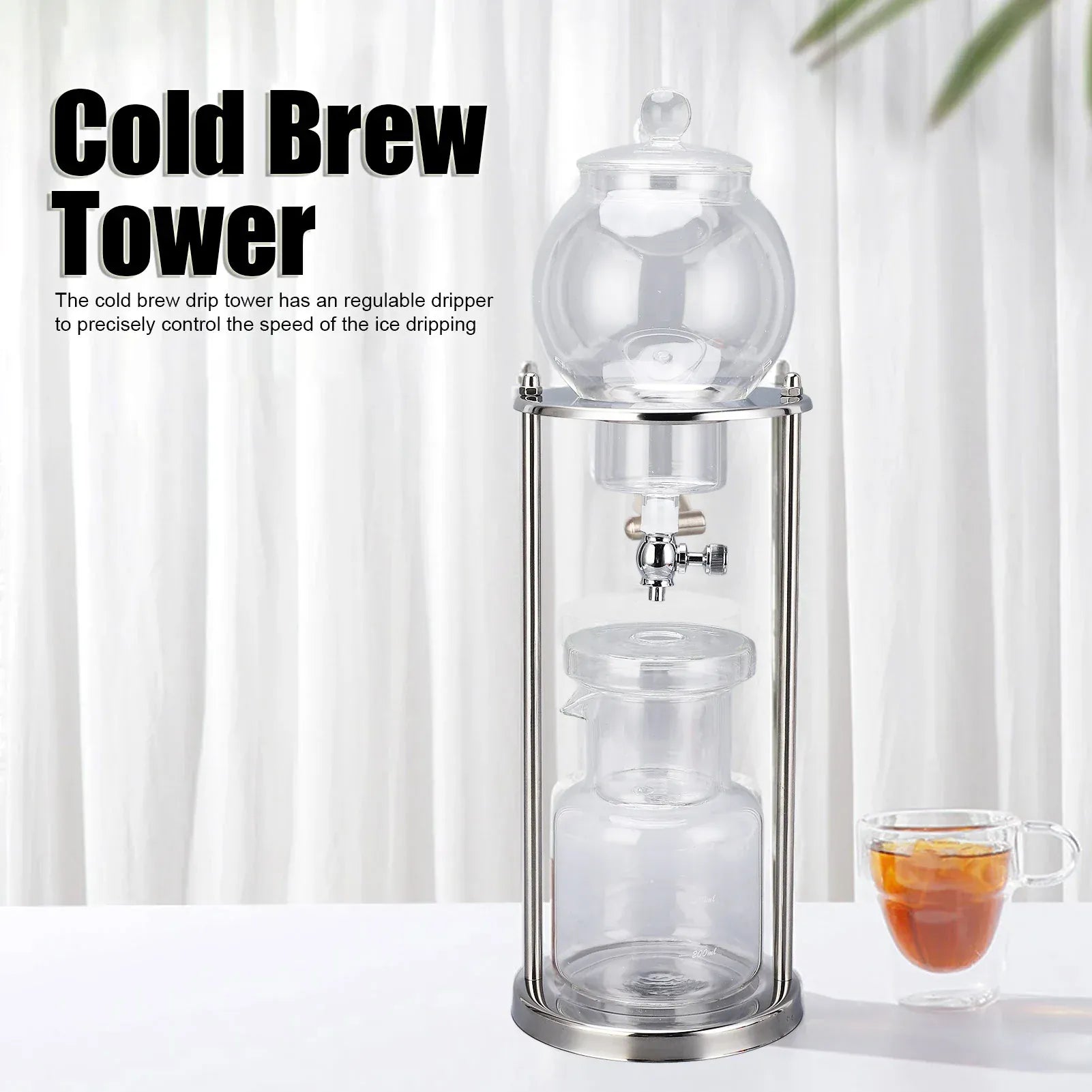 Cold Brew Drip Tower 600ml Reusable Glass Filtering Transparent Stainless Steel Stand DIY Ice Coffee Brew Tower Cold Brew Tower
