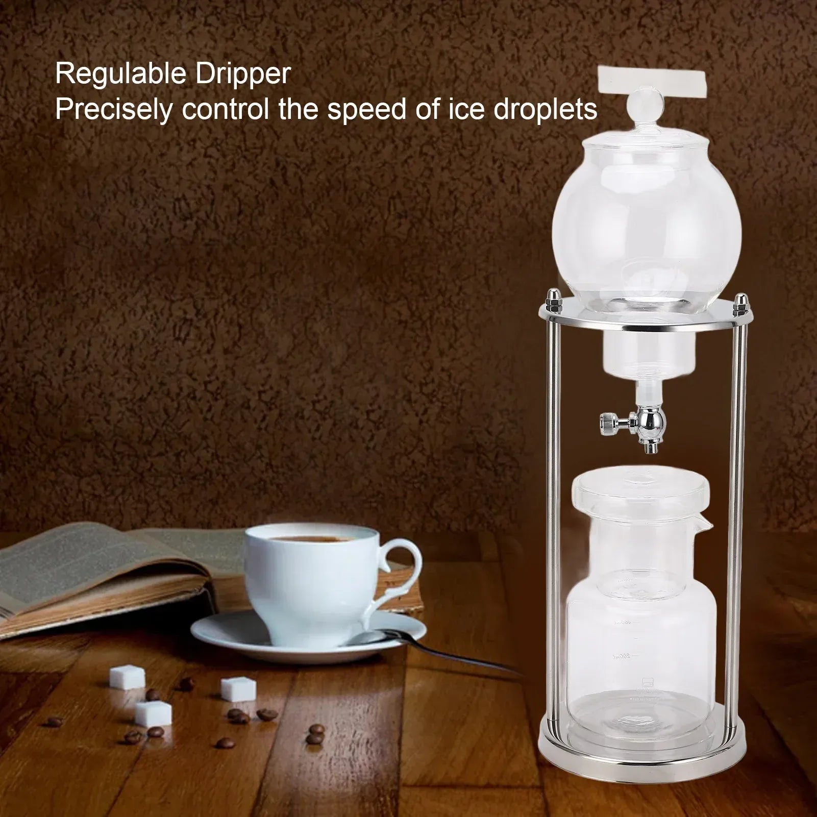 Cold Brew Drip Tower 600ml Reusable Glass Filtering Transparent Stainless Steel Stand DIY Ice Coffee Brew Tower Cold Brew Tower