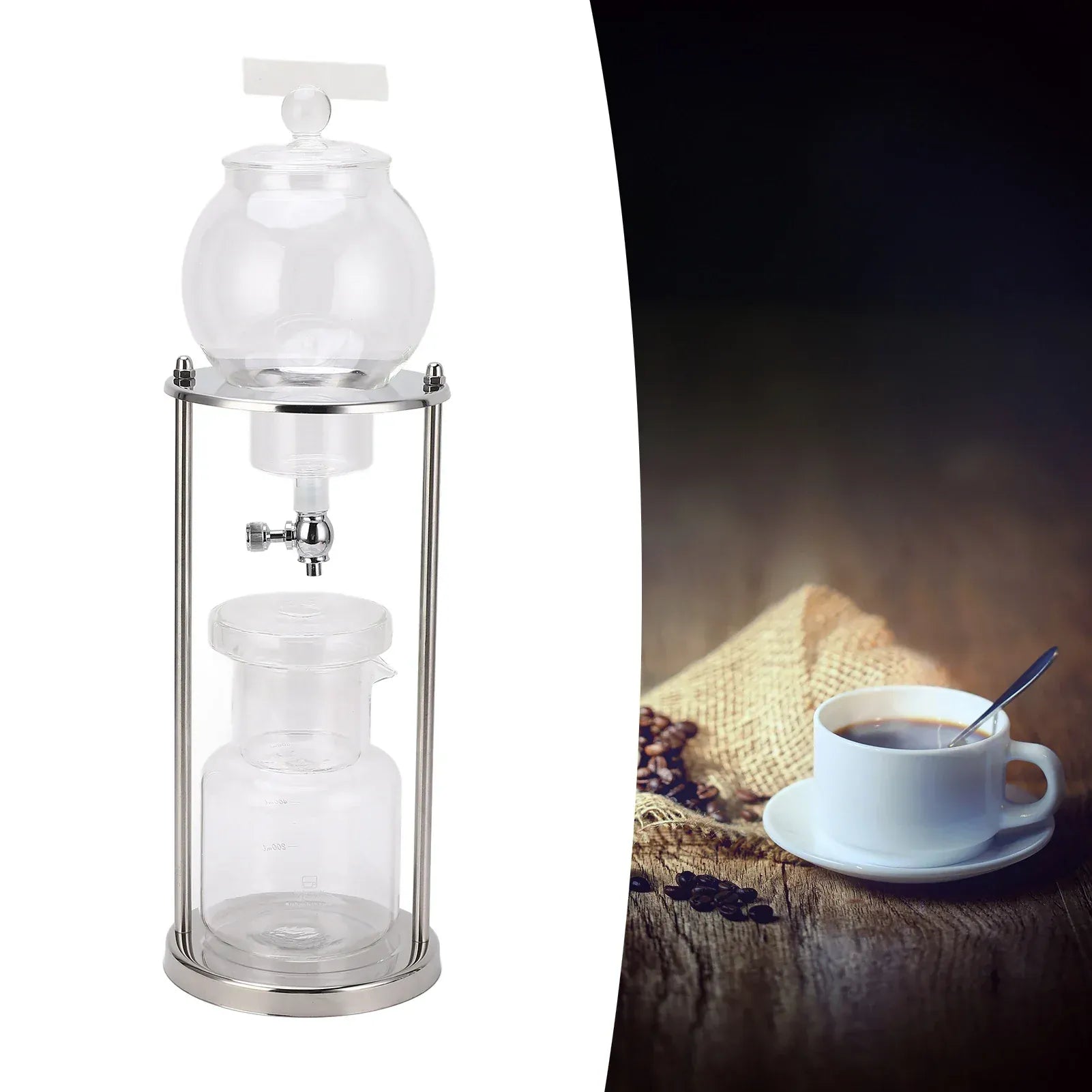 Cold Brew Drip Tower 600ml Reusable Glass Filtering Transparent Stainless Steel Stand DIY Ice Coffee Brew Tower Cold Brew Tower