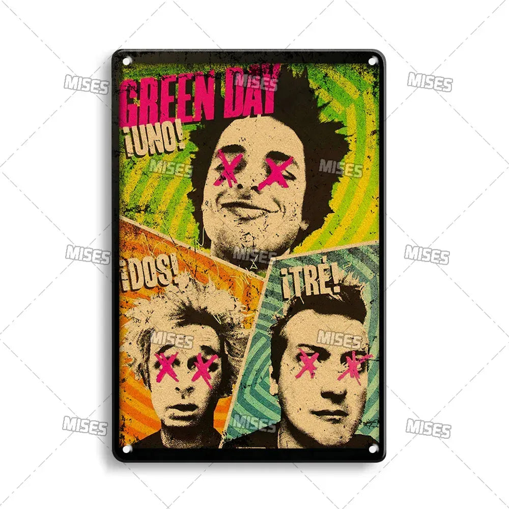 MISES Green Day Metal Plaque Poster Punk Rock Music Metal Plate Nostalgic Metal Tin Sign Retro Decorative Plate Industrial Decor