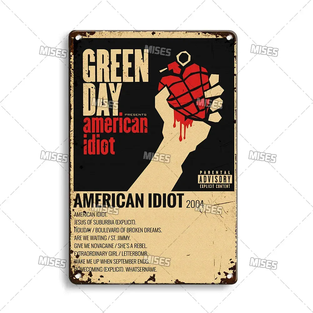 MISES Green Day Metal Plaque Poster Punk Rock Music Metal Plate Nostalgic Metal Tin Sign Retro Decorative Plate Industrial Decor