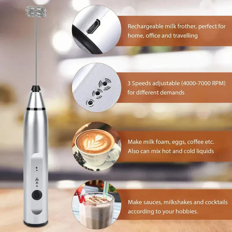 Electric Milk Frother - USB Rechargeable 3-Speed Handheld Frother