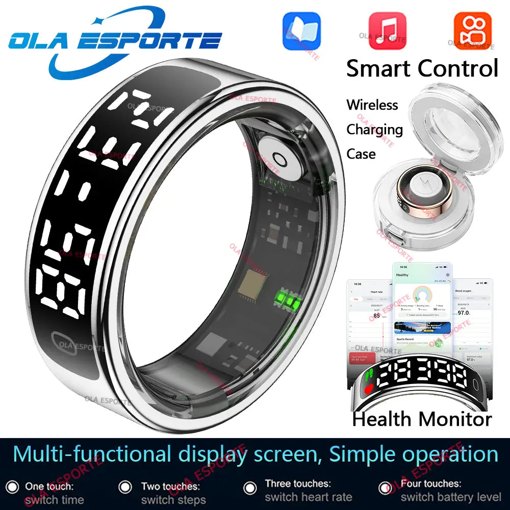Smart Ring with Charging Case for Men Women, Display Screen, Health Monitor, 5ATM Waterproof,Multiple Sport Mode For Android IOS
