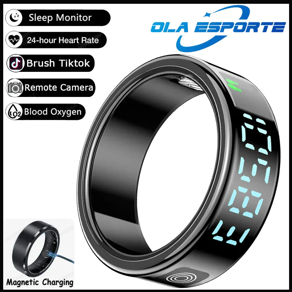 SR08 Smart Ring with Charging Box for Men Women LED Display Screen Gesture Control Health Monitor 5ATM Waterproof Sports Rings