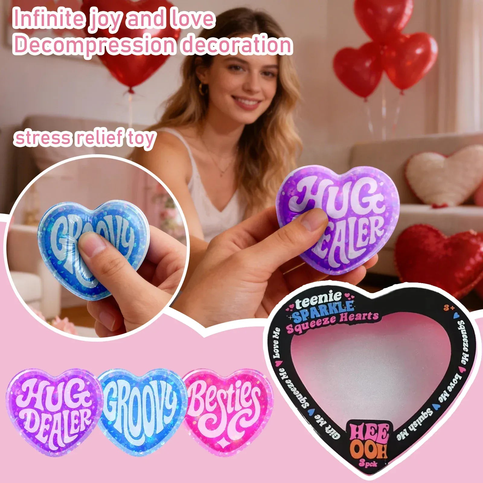 Valentine’s Day Heart Stress Toys, 3 Pack Heart-Shaped Squeeze Sensory Toys, Soft Slow Rising Love Shape Stress Toys, 1.57in